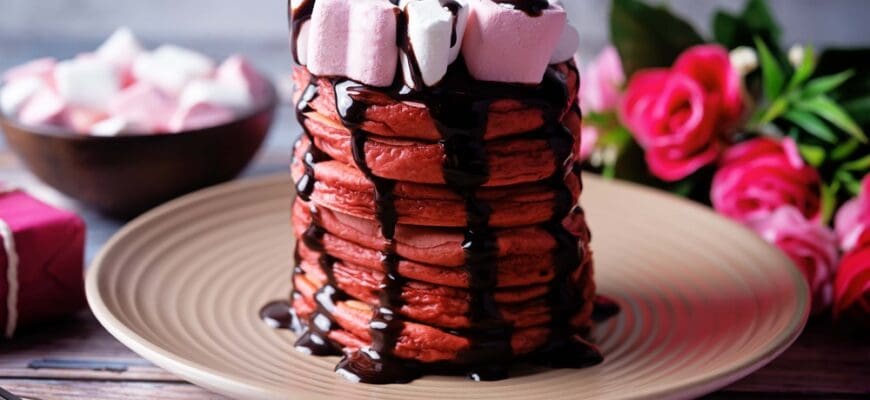 Red,Velvet,Pancakes,With,Marshmallow,And,Chocolate,Sauce,Topping,In